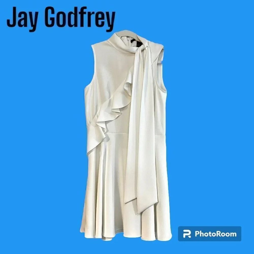 Jay Godfrey White Mia Mini Swing Sleeveless Tie Neck Ruffle Size 6 Dress